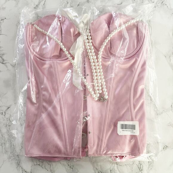 Scarlett Gasque Italian Pearl Basque Corset Size 34D/DD Pink 100% Silk brand new - Picture 3 of 8